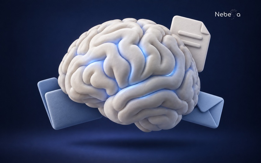 Illustration d'un cerveau relié à des icônes de document et de message.